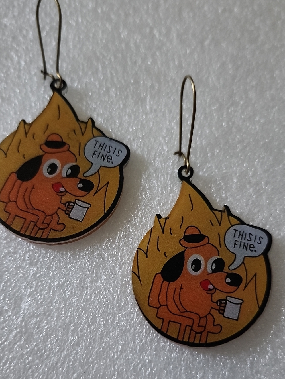 Hand Crafted Yellow & Orange 'This Is Fine' Dog Earrings